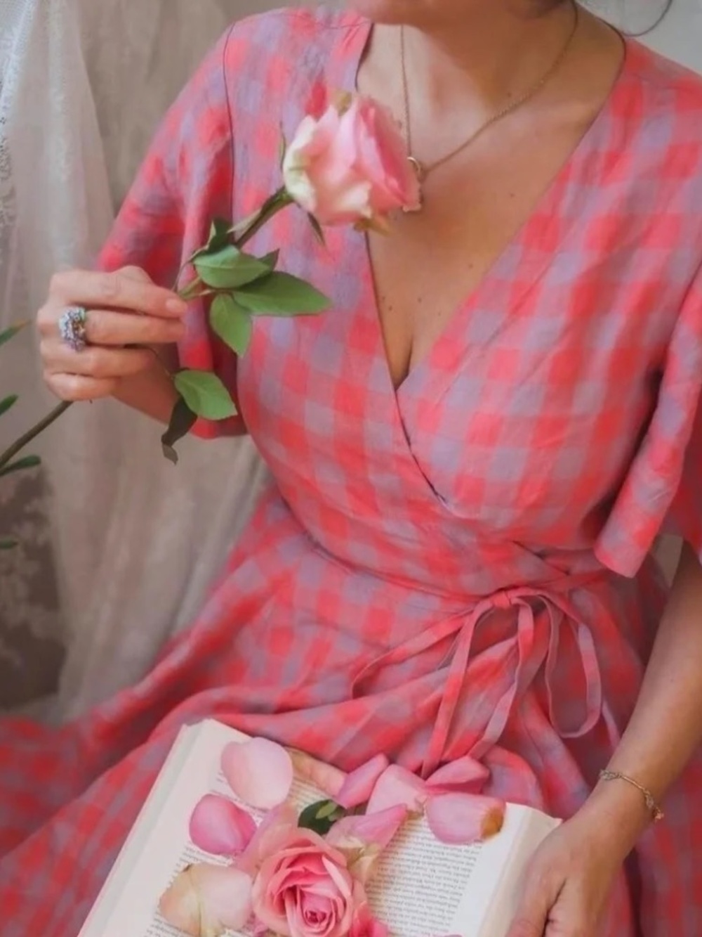 Son de Flor Linen Wrap Dress Butterfly Sleeves | Pink & Grey | XS